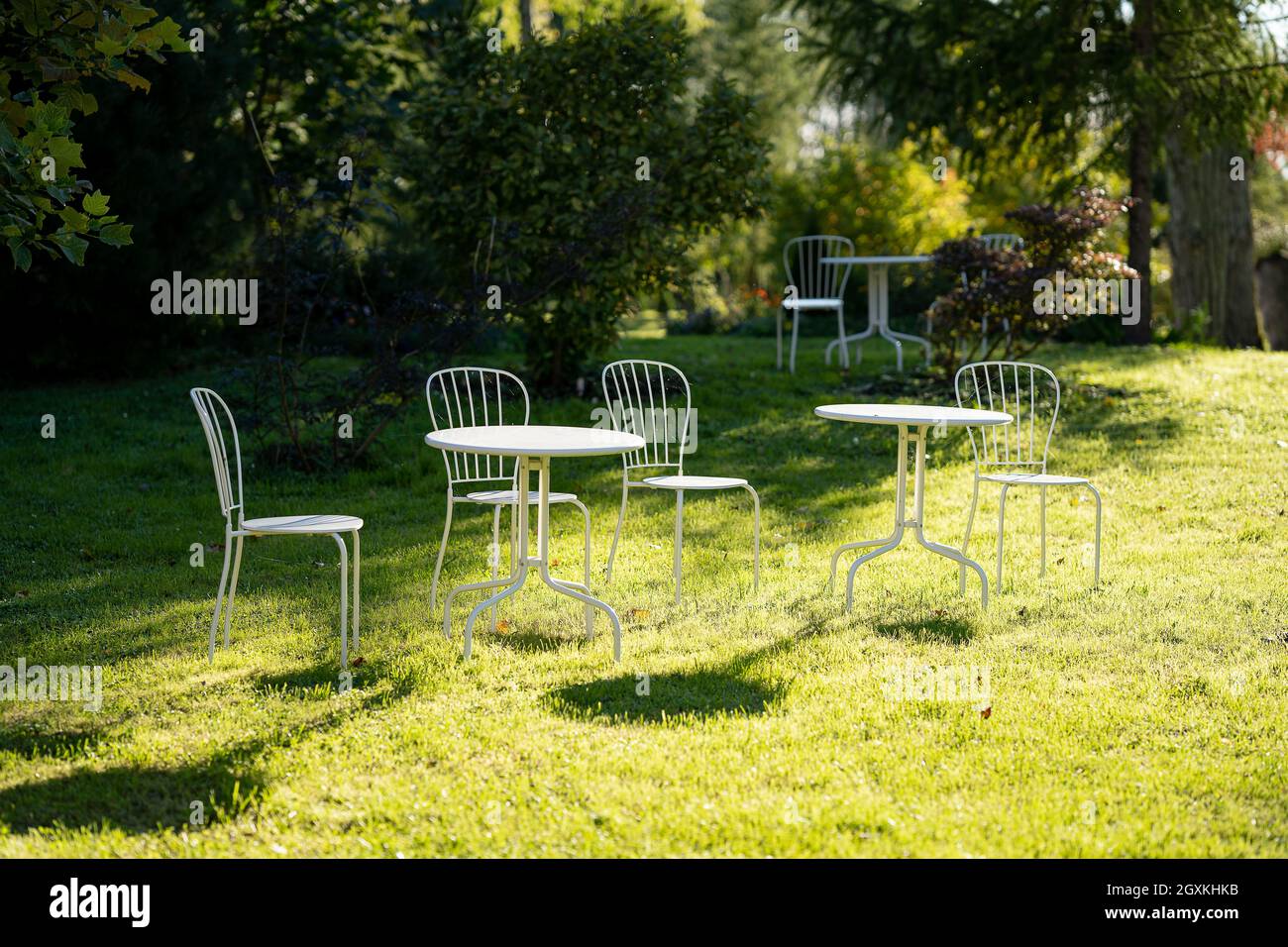 Plastic Outdoor furniture with chairs and table in outdoor. Stock Photo