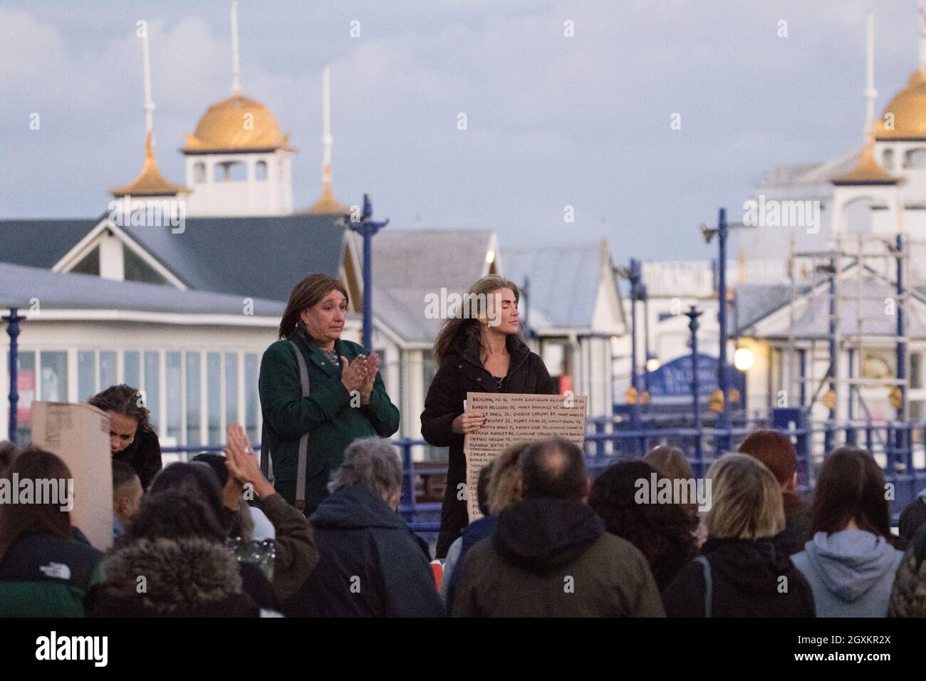 Eastbourne, UK. , . Police were forced to act after a vigil for Sabina Nessa taking place near Eastbourne pier was disrupted by a male speaking out with regard to the nationality  of the individual arrested in Eastbourne and charged with her murder . Credit: Newspics UK South/Alamy Live News Stock Photo