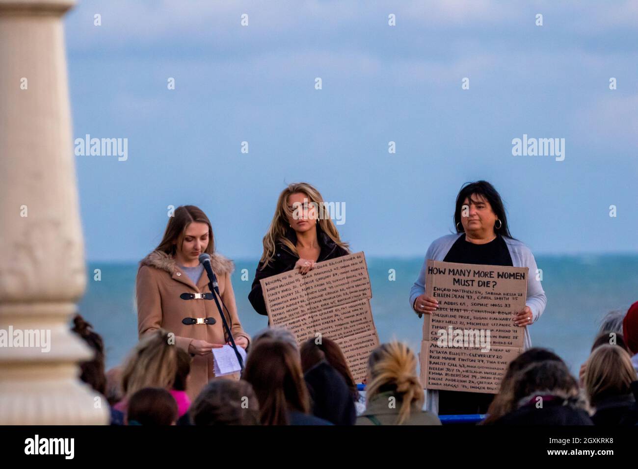 Eastbourne, UK. , . Police were forced to act after a vigil for Sabina Nessa taking place near Eastbourne pier was disrupted by a male speaking out with regard to the nationality of the individual arrested in Eastbourne and charged with her murder . Credit: Newspics UK South/Alamy Live News Stock Photo