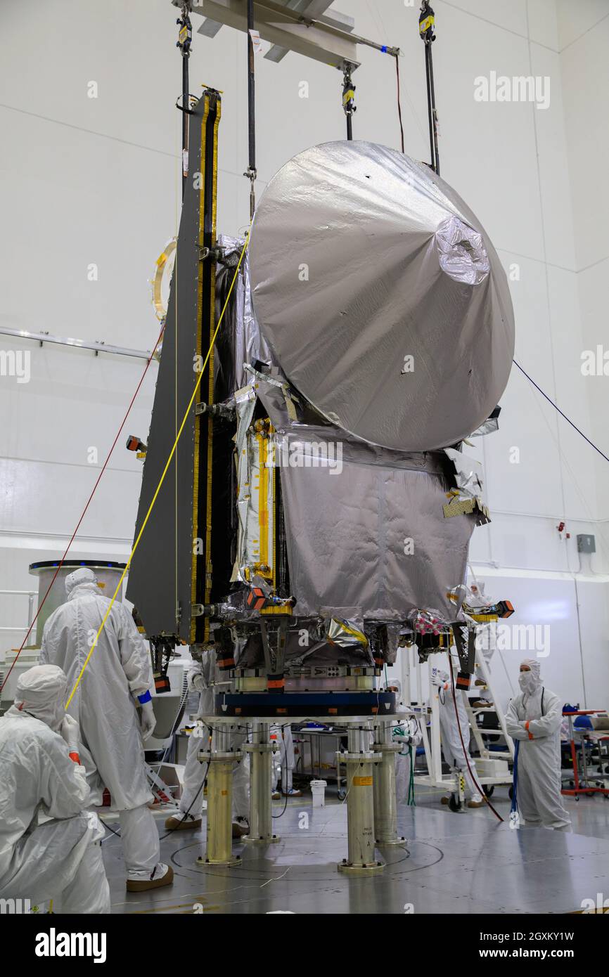 The NASA Lucy spacecraft is secured to a stationary work stand inside the Astrotech Space Operations Facility during final preparations September 8, 2021 in Titusville, Florida. Lucy will explore asteroids as never before for an estimated 12-year period. Stock Photo