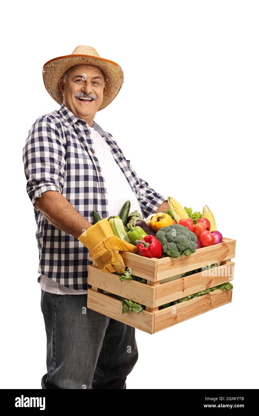 Mature farmer holding a crate full of fresh organic vegetables  isolated on white background Stock Photo