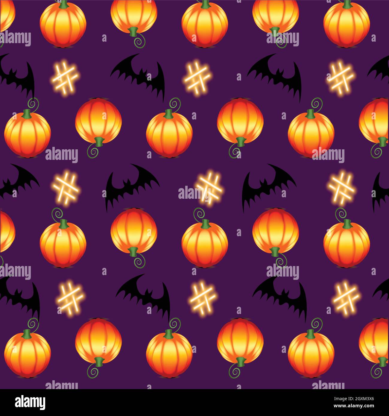 Autumn Halloween Pattern with pumpkins, bats and a hashtag sign on a purple background Stock Vector