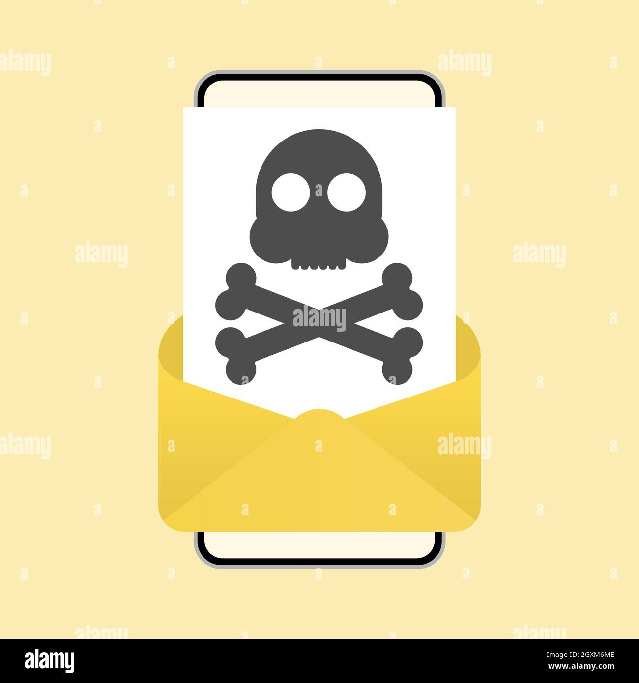 Malicious Email. Problem with Phone. Message with a Skull on Phone Screen Stock Vector