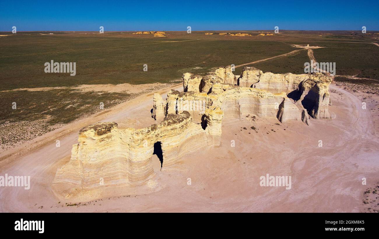 Aerial of unusual rock obelisk structures in middle of desert Stock ...