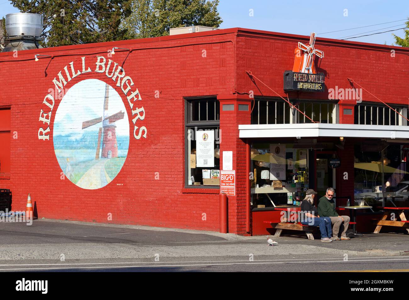 Red Mill Burgers, 312 N 67th St, Seattle, Washington. exterior storefront of a hamburger restaurant in the Phinney Ridge neighborhood. Stock Photo