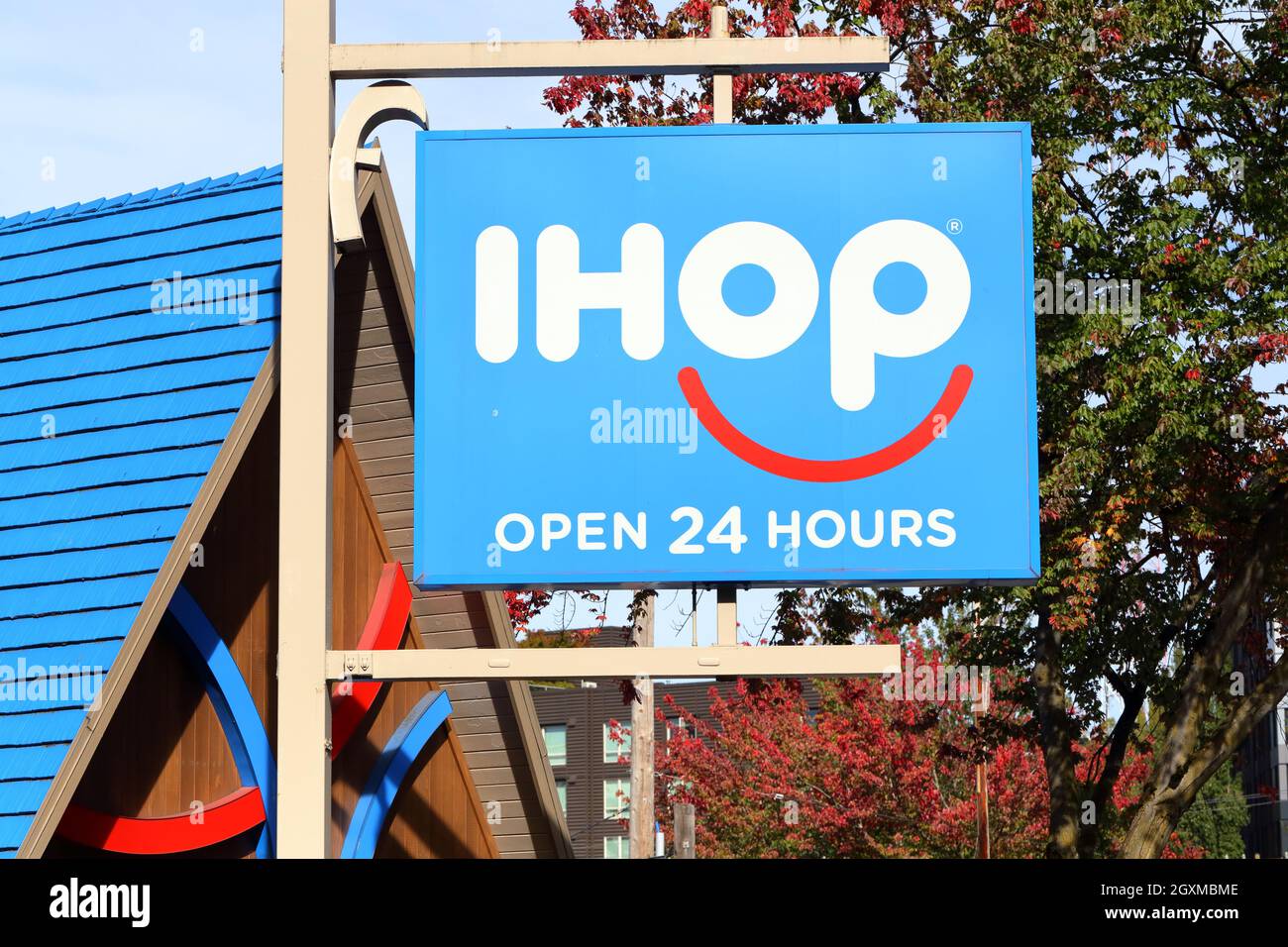 An IHOP sign outside a restaurant in Seattle, Washington. Stock Photo