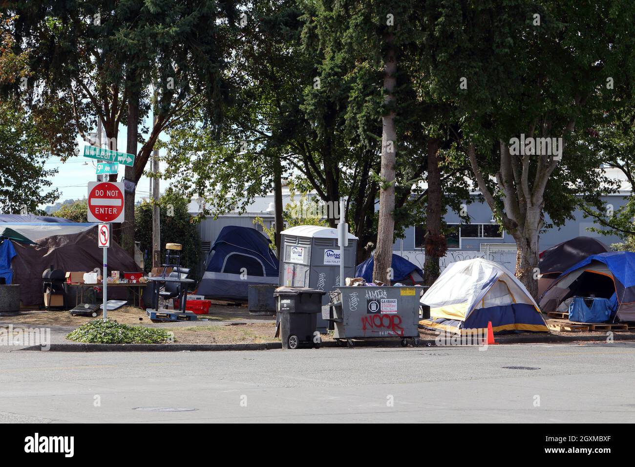 A homeless encampment at Leary Triangle, NW Leary Way and 9th Ave NW in the Ballard neighborhood, Seattle, Washington, September 11, 2021. Stock Photo