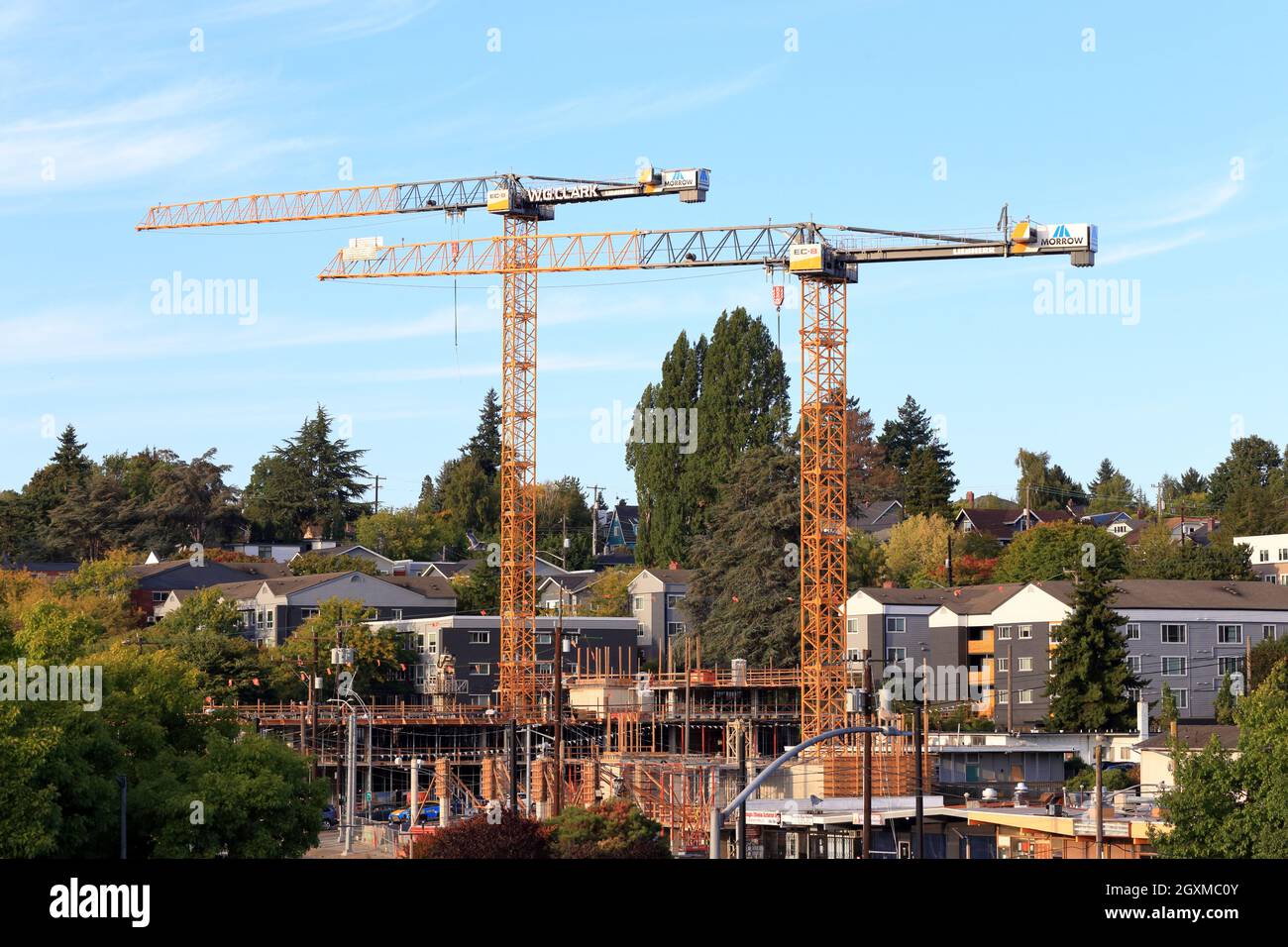 Transit-oriented, affordable housing apartment buildings under construction in the Mt. Baker neighborhood in Seattle, Washington. Stock Photo