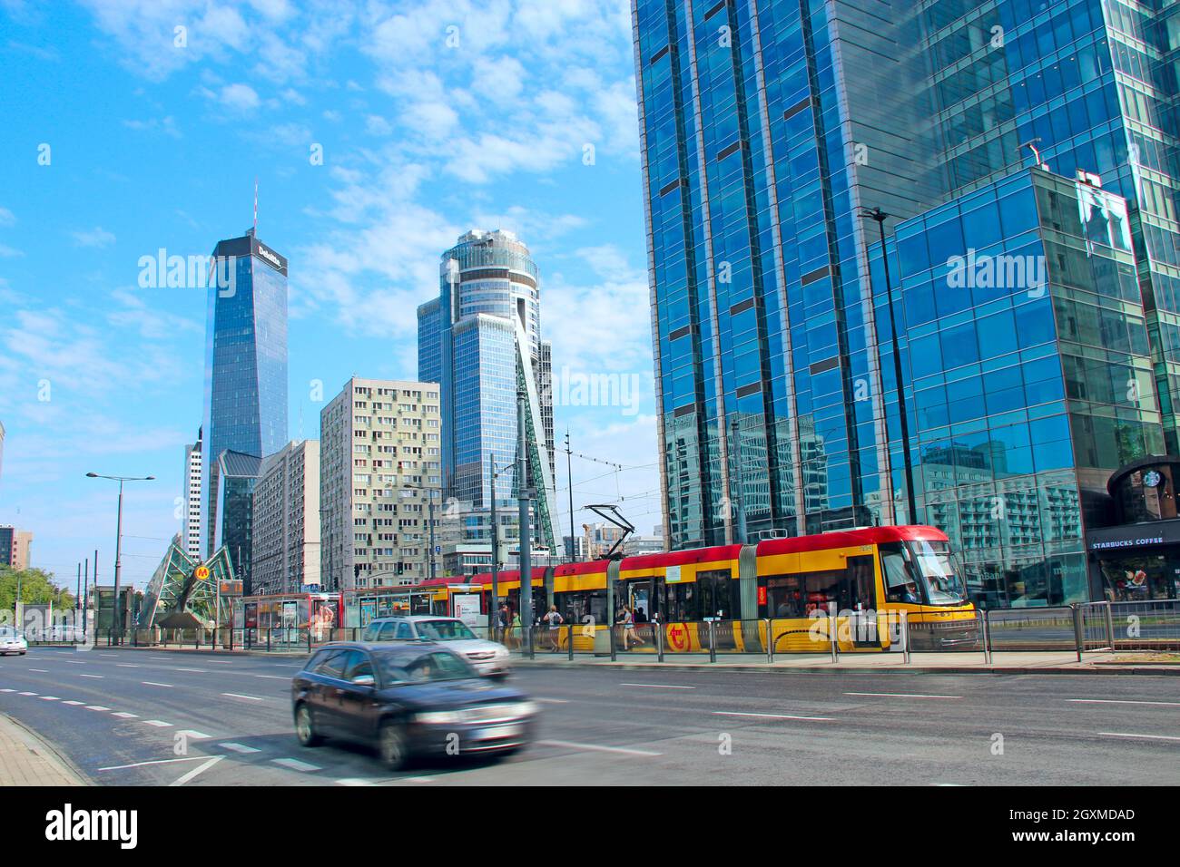 Tall glass skyscrapers in Warsaw. Modern architecture of city buildings