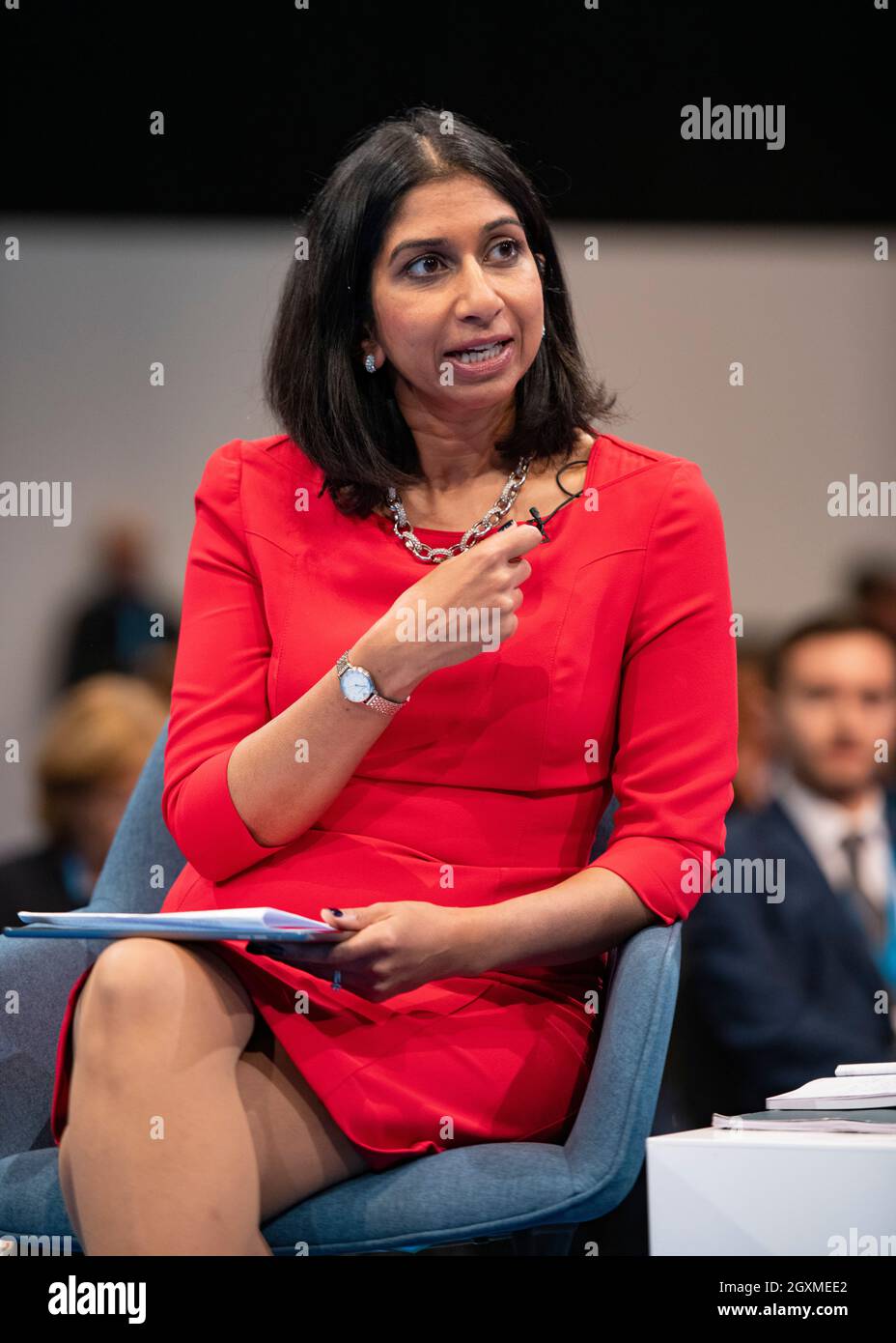 Manchester, England, UK. 5th Oct, 2021. PICTURED: Suella Braverman MP - Attorney General, seen talking about Global Britain: Our Plan for Immigration. Scenes during the at the Conservative party Conference #CPC21. Credit: Colin Fisher/Alamy Live News Stock Photo