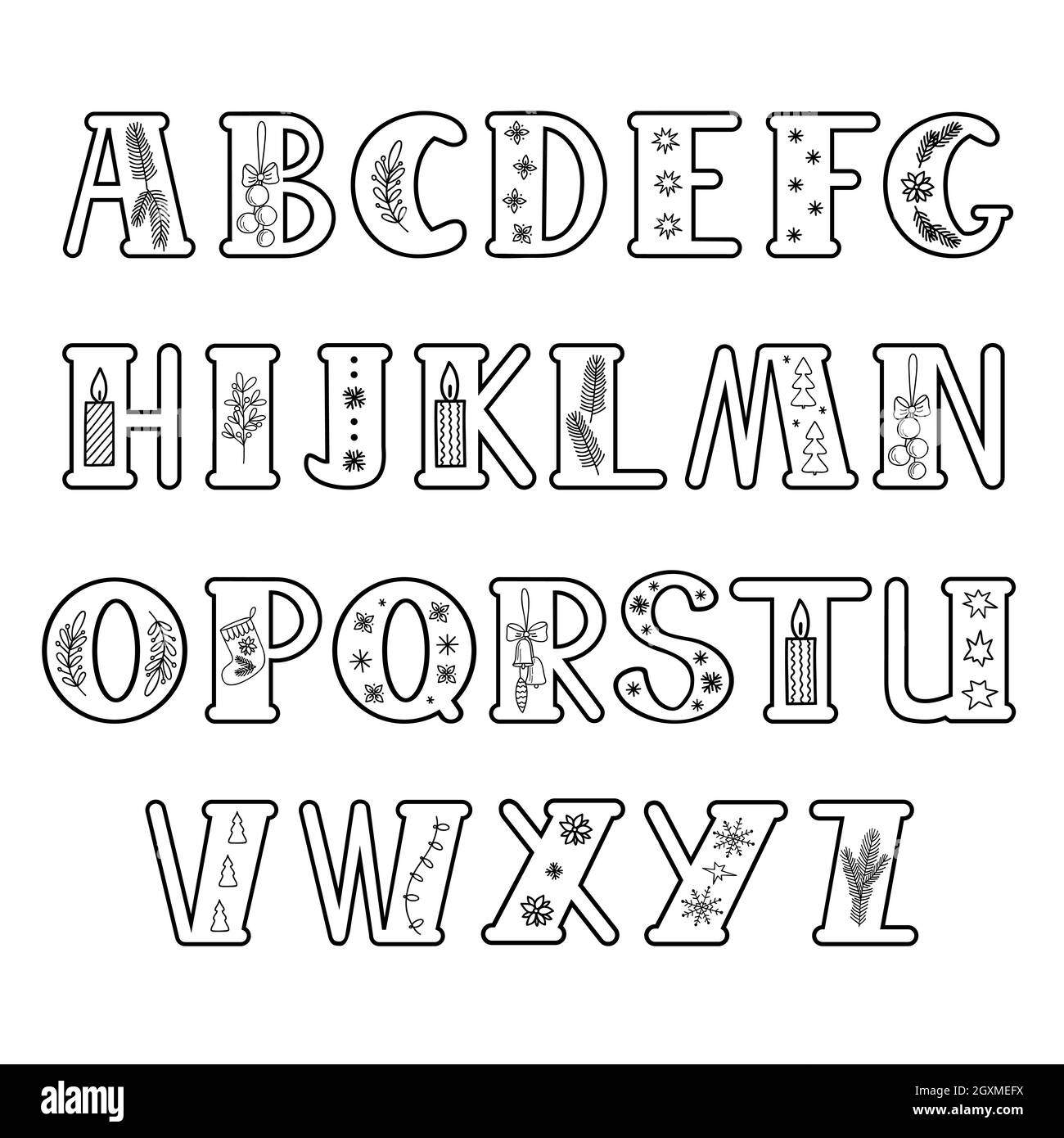 Capital hand drawn black letters of English alphabet decorated for