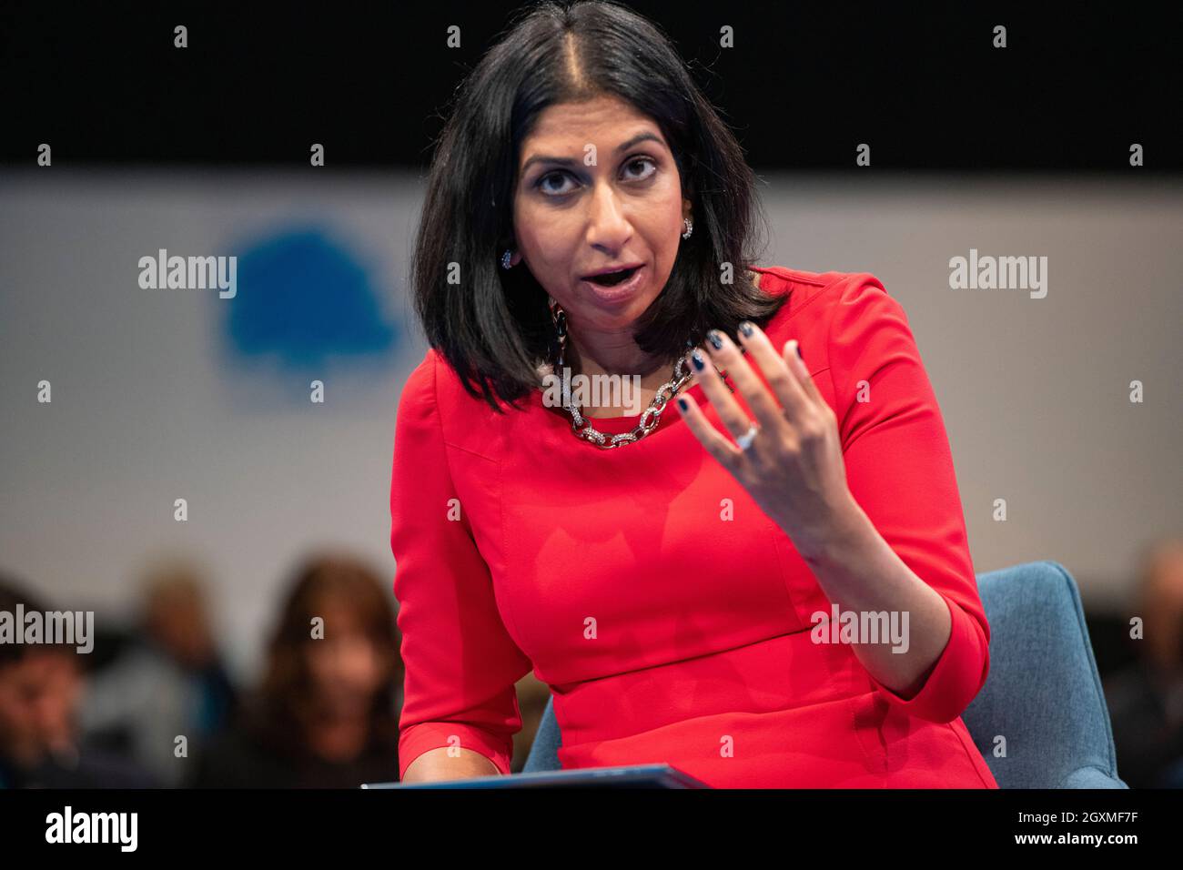 Manchester, England, UK. 5th Oct, 2021. PICTURED: Suella Braverman MP - Attorney General, seen talking about Global Britain: Our Plan for Immigration. Scenes during the at the Conservative party Conference #CPC21. Credit: Colin Fisher/Alamy Live News Stock Photo