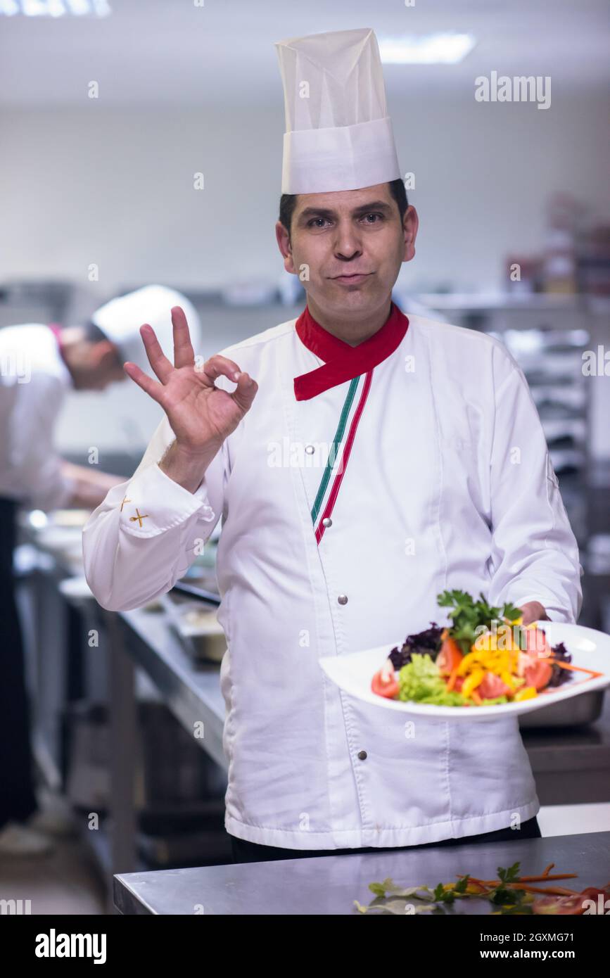 young Chef presenting a plate of tasty meal in commercial kitchen Stock Photo