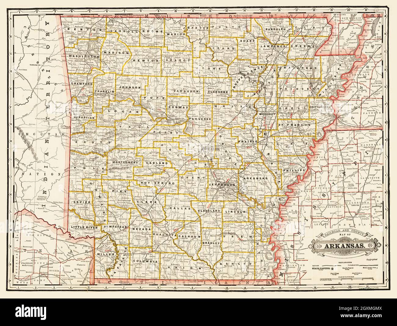 Railroad and county map of Arkansas Stock Photo - Alamy