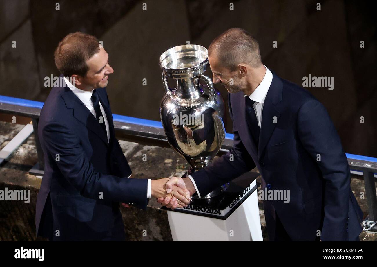 Berlin Germany 05th Oct 2021 Uefa President Aleksander Ceferin R Hands Over The Winner S Trophy Of The European Football Championship 2024 Uefa 2024 To Philipp Lahm Managing Director Of Dfb Euro Gmbh