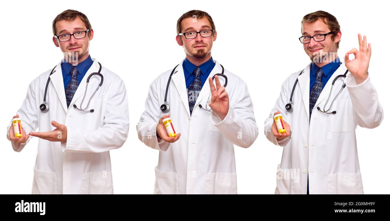 Triplicate Doctor Triple Set of the Same Male Doctor with Prescription Bottle Isolated on ...