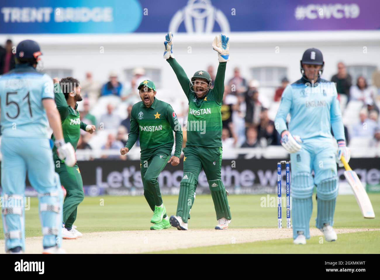 Pakistans Sarfaraz Ahmed celebrates as Englands Jason Roy is out lbw off the blowing of Pakistans Shadab Khan for 8 runs Stock Photo