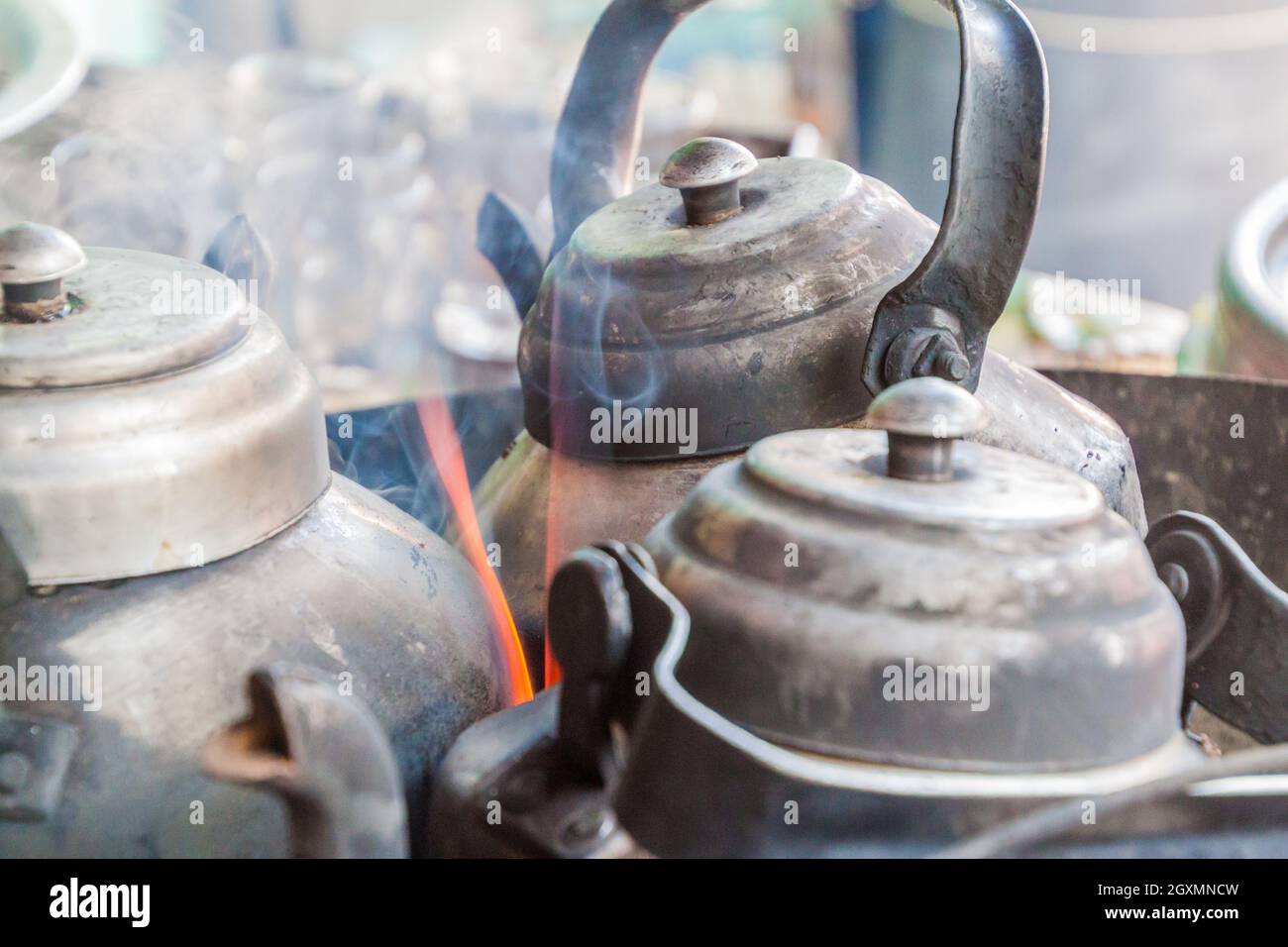 Tea pots of a street tea seller in Khulna, Bangladesh Stock Photo