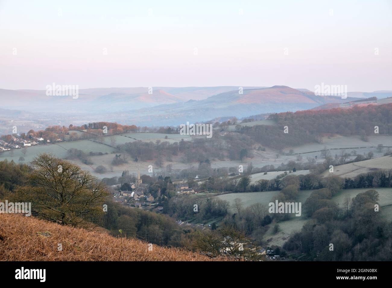 Dawn light over Win Hill and Hathersage, Peak District, UK Stock Photo