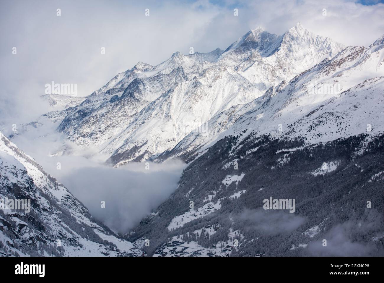 landscape of Zermatt valley and matterhorn peak with fresh snow in ...
