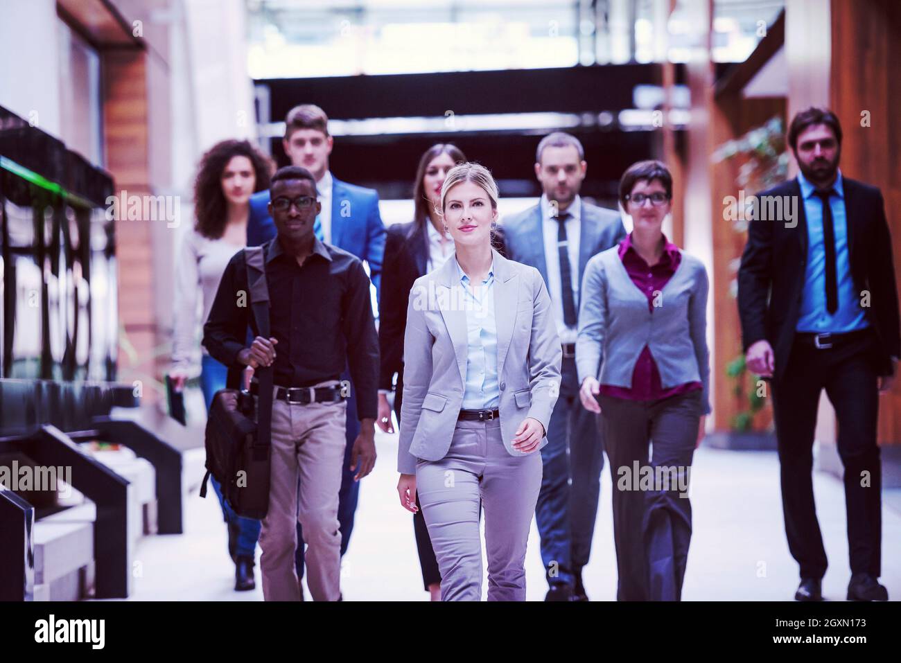 young multi ethnic business people group walking standing and top view ...