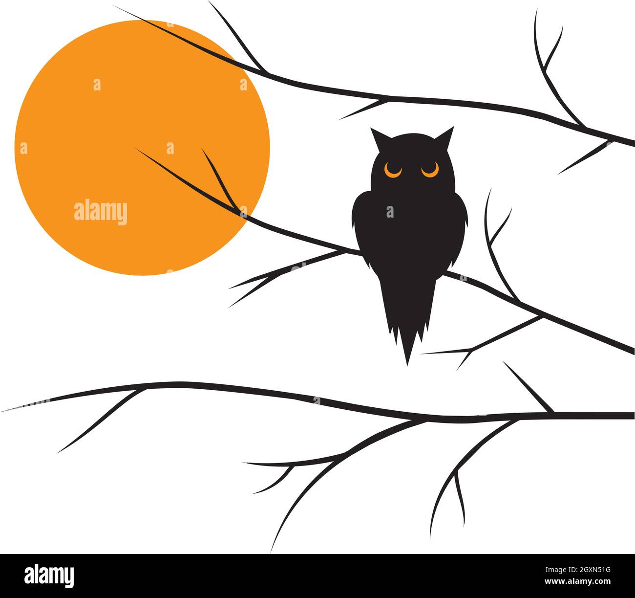 Owl silhouette on branch on sunset, vector. Owl silhouette on the tree