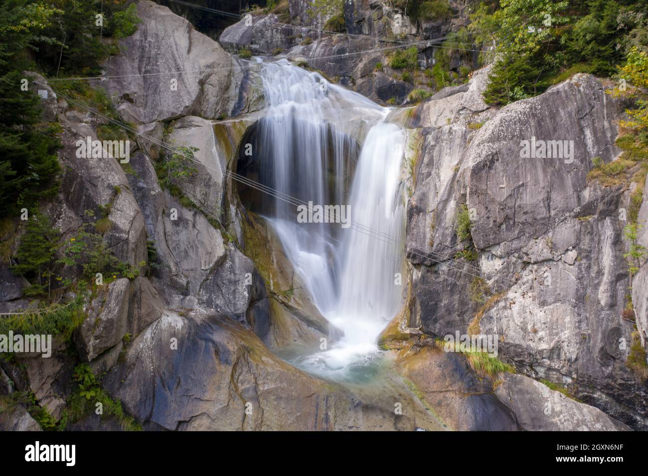 Cascata Tina is one of the nicer waterfalls in Val di Daone, located at Ponte Tina, 2 kilometer before Lago Boazza in the region Trentino – Alto Adige Stock Photo