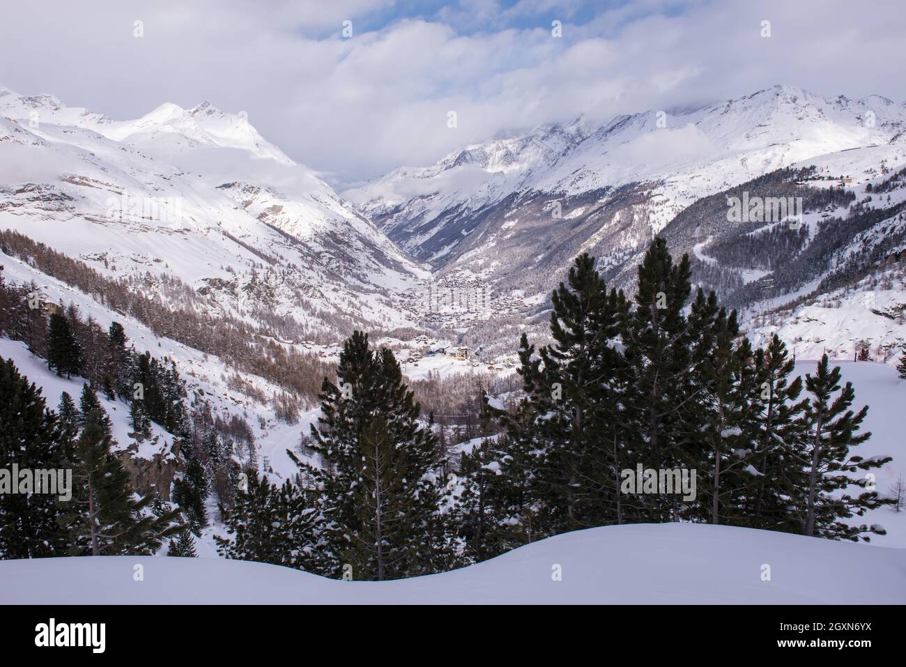 landscape of Zermatt valley and matterhorn peak with fresh snow in ...