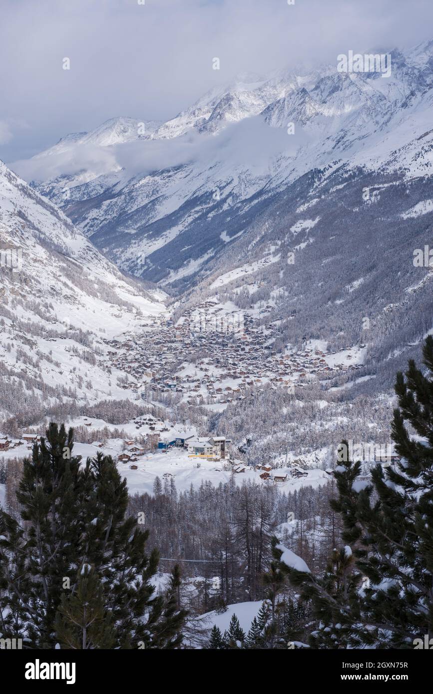 landscape of Zermatt valley and matterhorn peak with fresh snow in ...