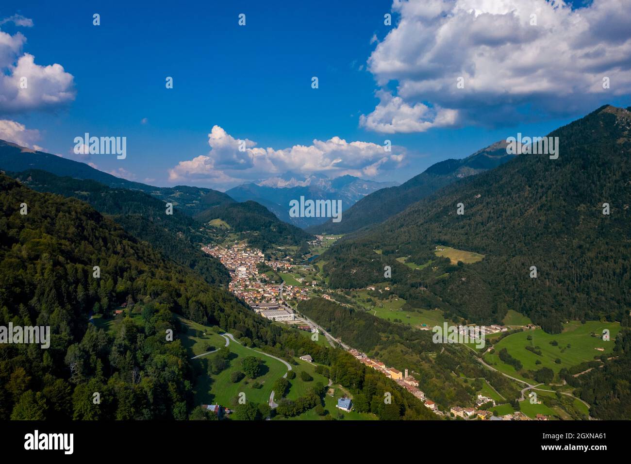 view of Valle del Chiese (Chiese valley) northwards, with the municipalities of Caderzone Terme and Pinzolo  Trento Italy. Stock Photo