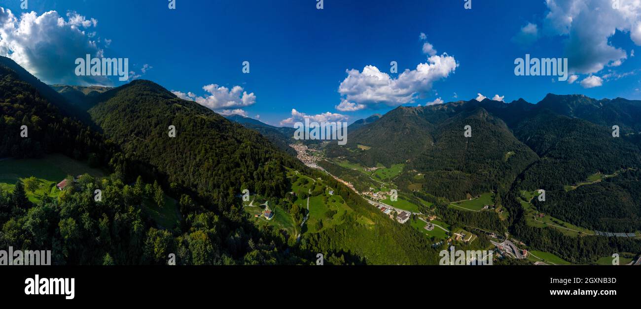 view of Valle del Chiese (Chiese valley) northwards, with the municipalities of Caderzone Terme and Pinzolo  Trento Italy. Stock Photo