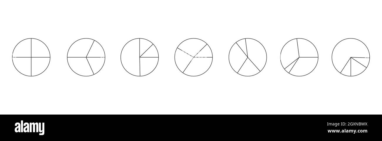 Graphic circles divided in 4 segments isolated on white background. Pie chart infographic examples. Round shapes cut in four parts of different sizes. Vector outline illustration. Stock Vector