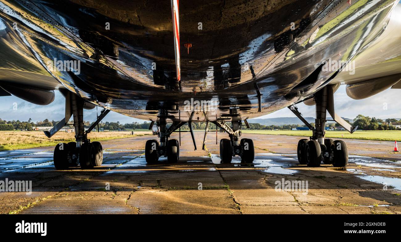 Undercarriage of decommissioned British Airways Boeing 747 G-BNLY parked at Dunsfold Aerodrome, Surrey, UK Stock Photo