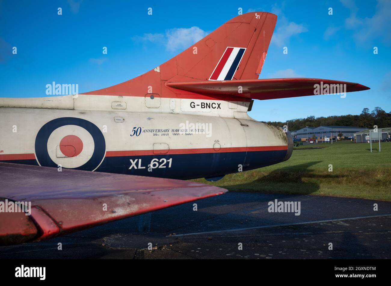 Tail of retired Hawker Hunter jet fighter plane Stock Photo