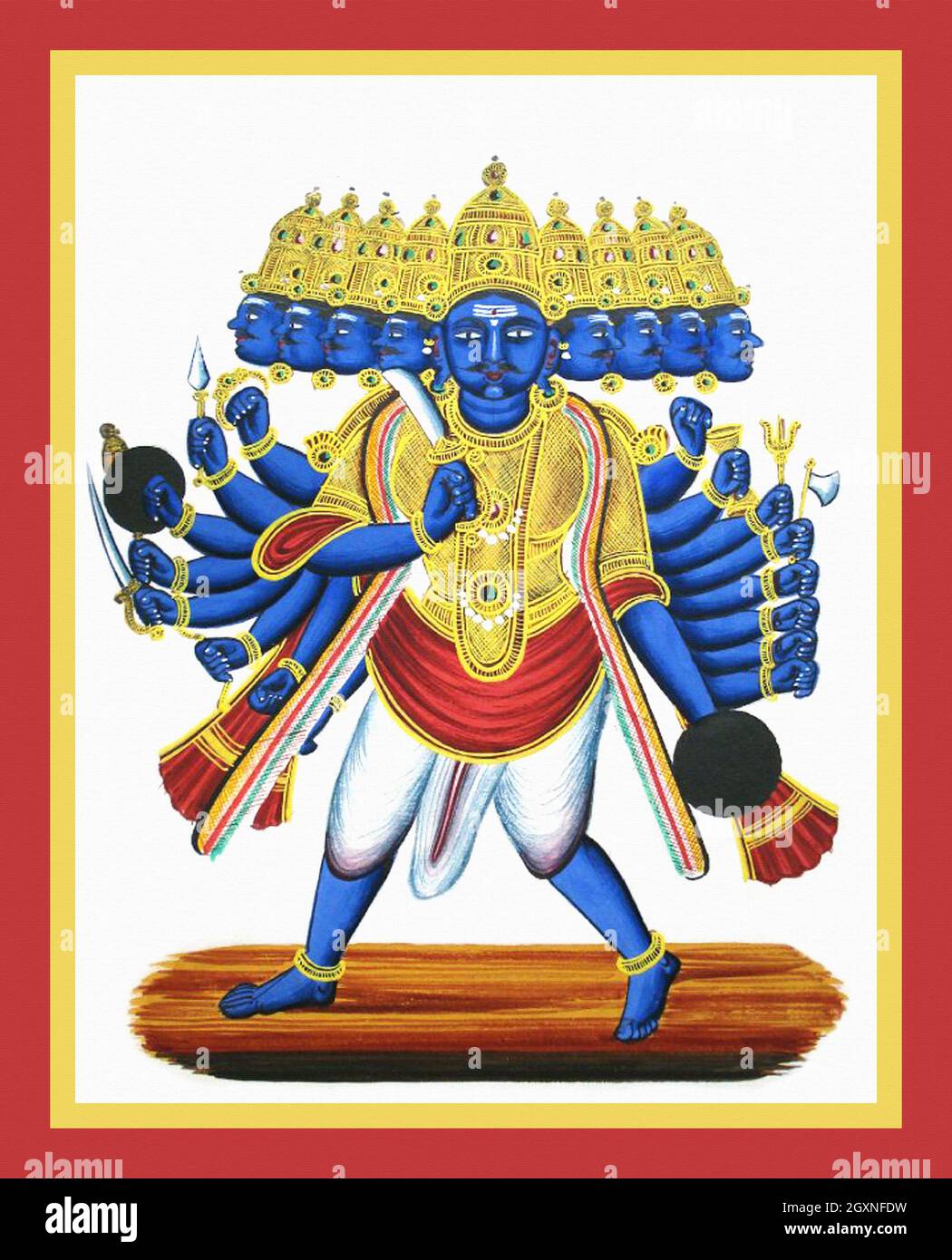 Nine-headed and eighteen-armed Ravaṇa stands in pratyalidha Stock Photo