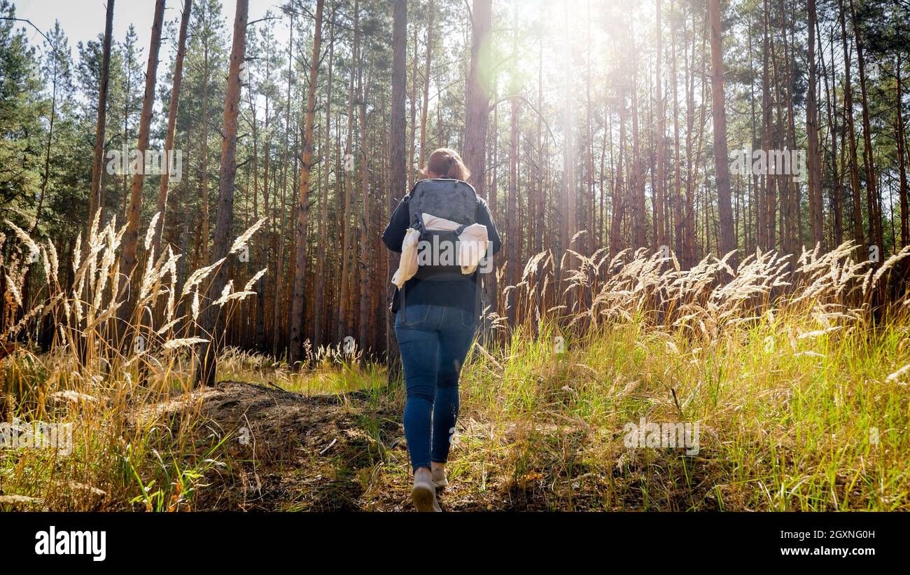 Rear view photo of young woman with backpack for hiking walking on ...