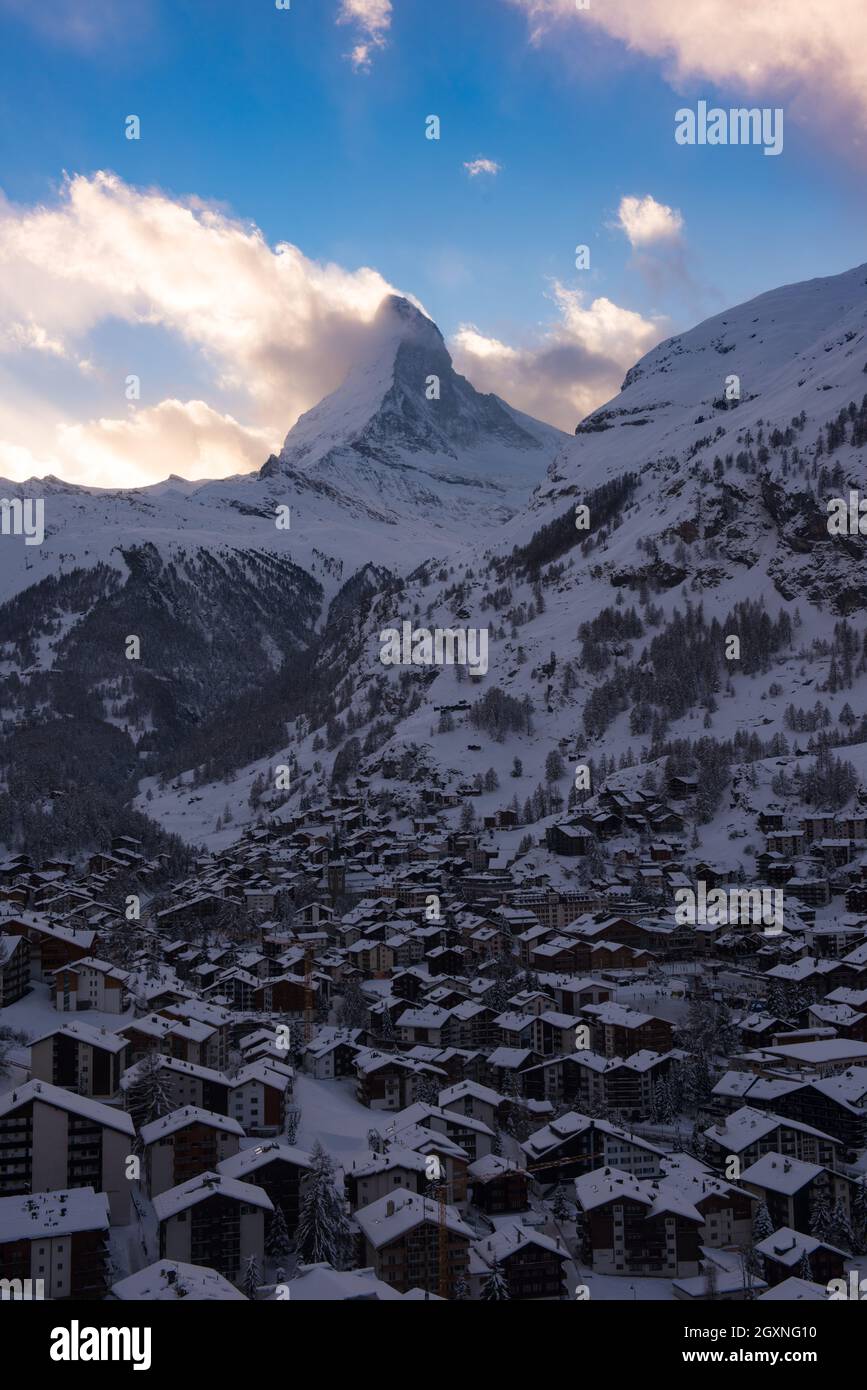 aerial view on zermatt valley and matterhorn peak at dusk with fresh ...