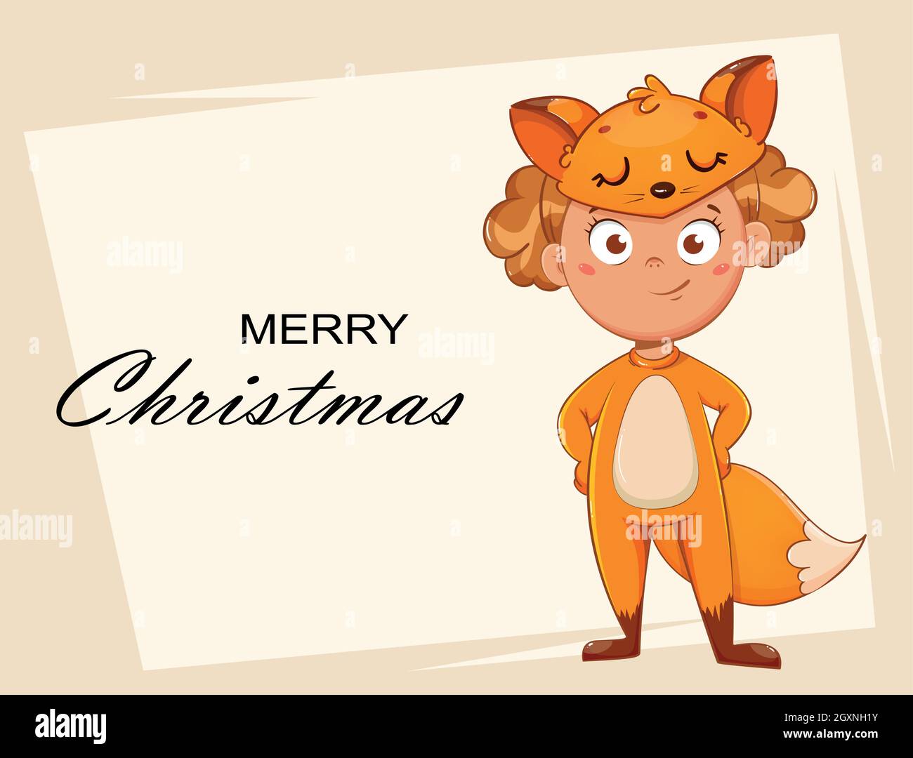Smiling girl in costume of fox. Child in Christmas carnival costume, cute cartoon character. Stock vector illustration Stock Vector
