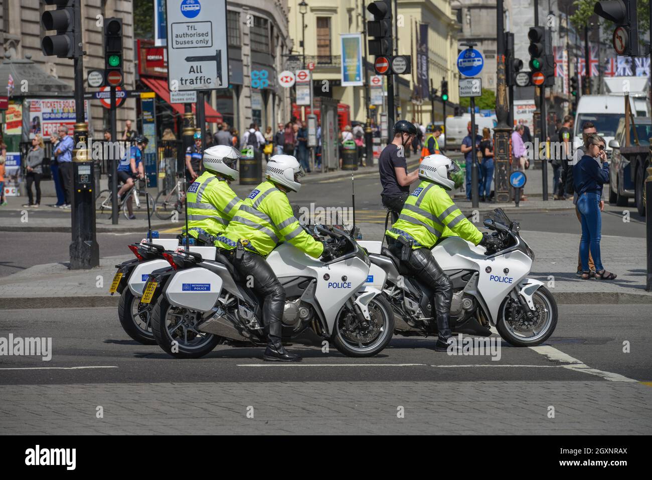 Police motorbikes, Trafalgar Square, London, England, United Kingdom Stock Photo