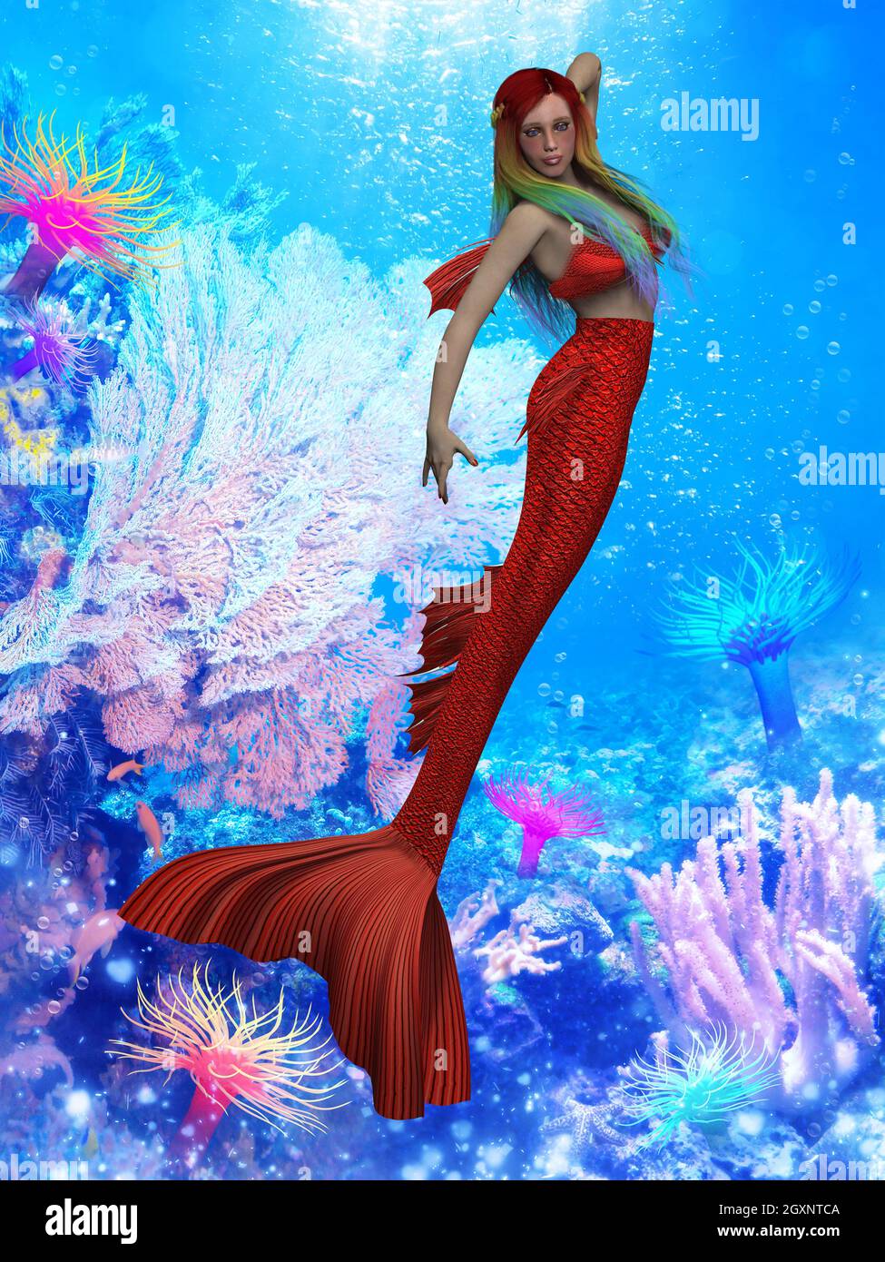 Beautiful Red Mermaid - A red mermaid swims through a coral reef with multi-colored hair. Stock Photo