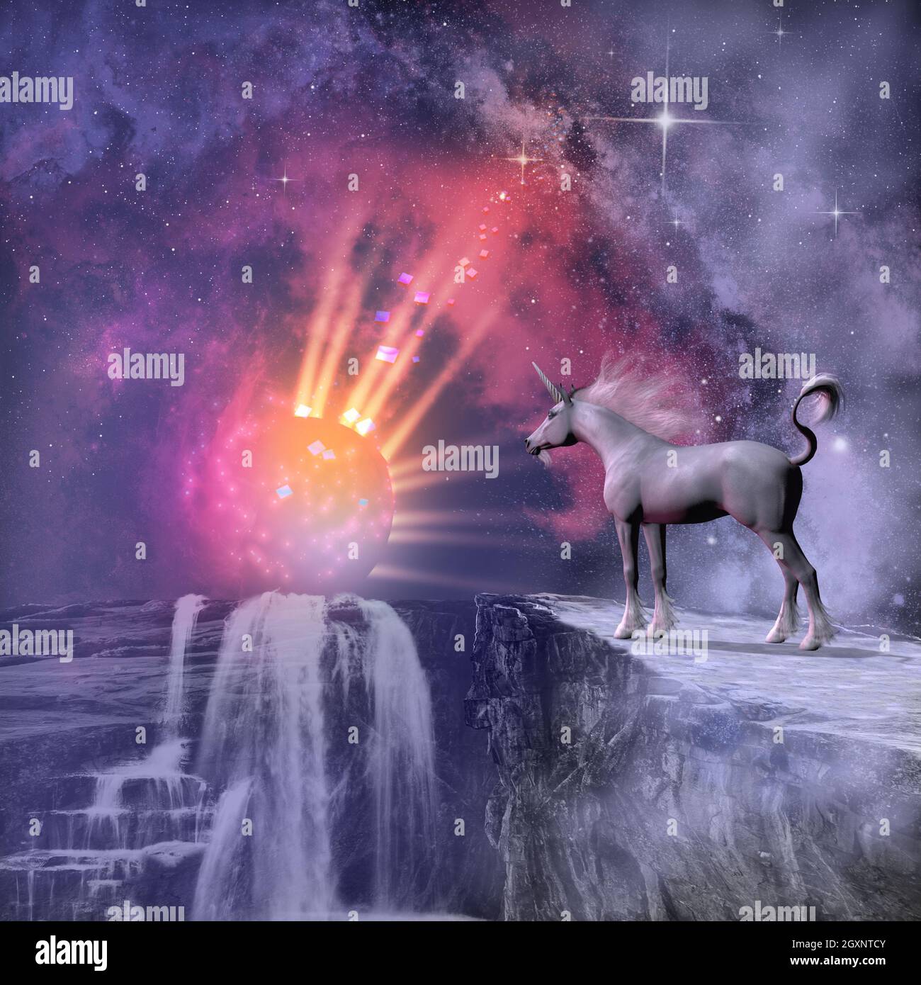 A fantasy image of a white male unicorn and the sun in a dazzling display of rays and light. Stock Photo