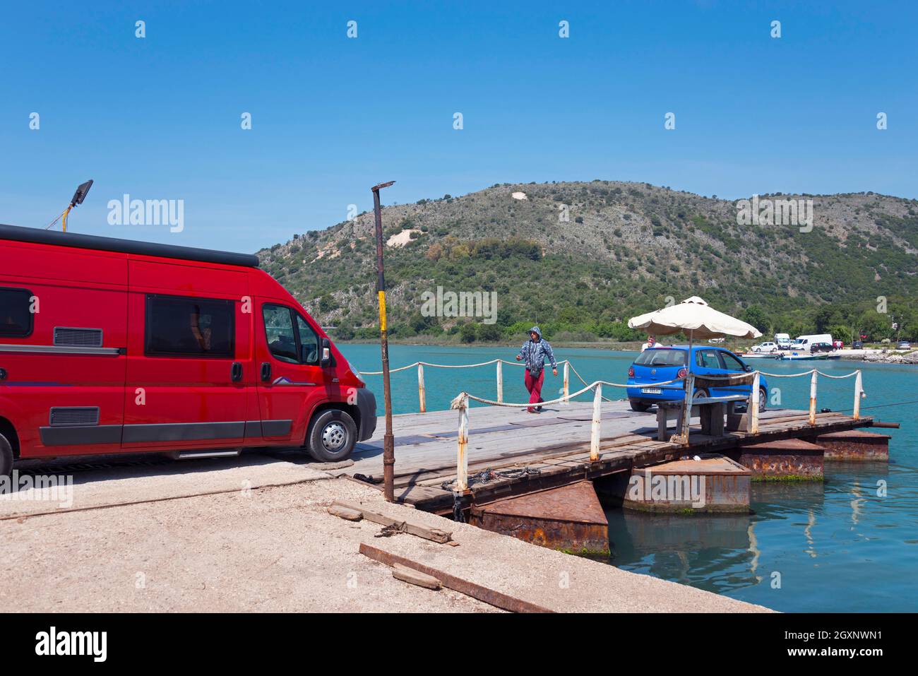 Motorhome rides on ferry, Butrint, Vivar Canal, Albania Stock Photo - Alamy