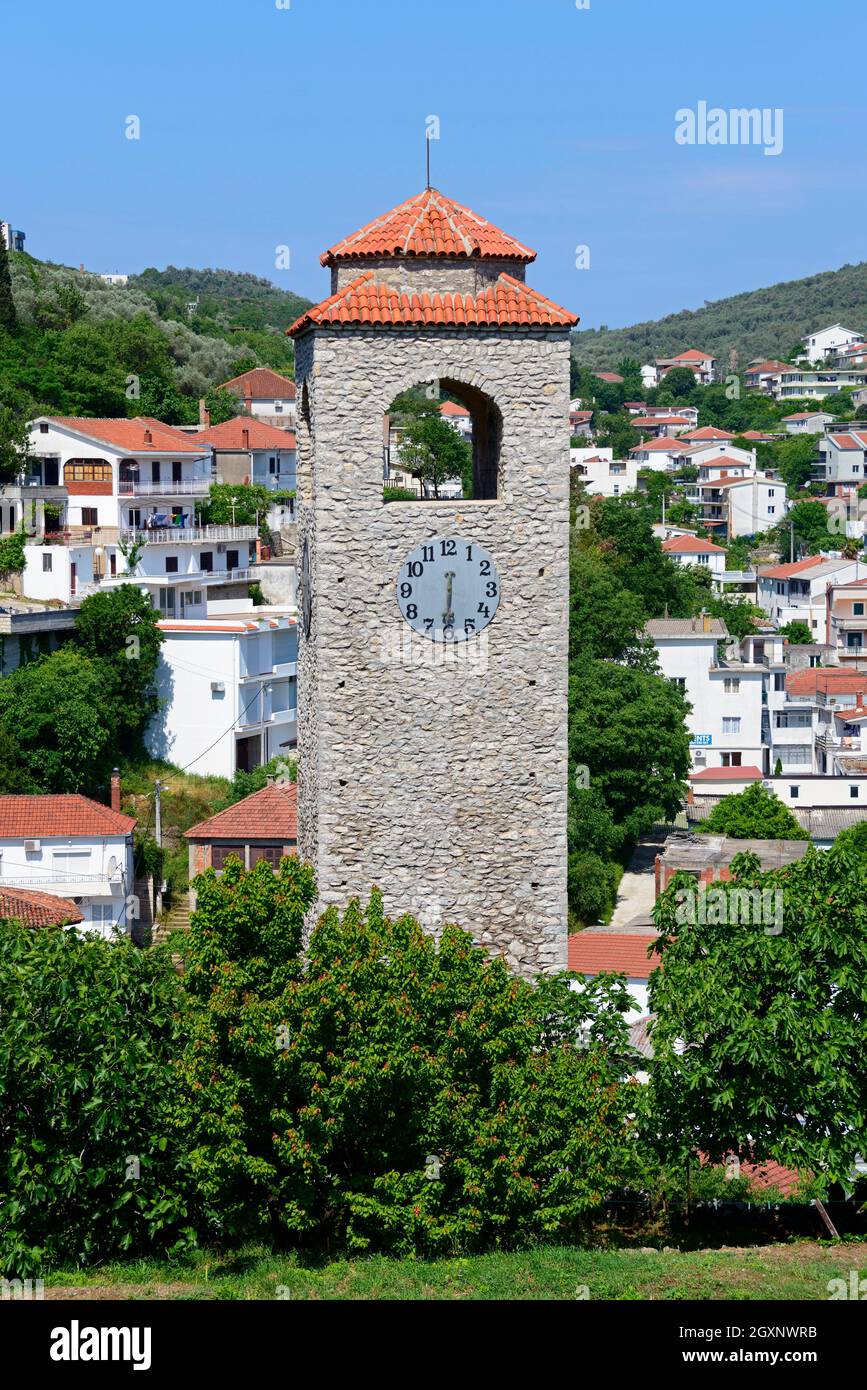 Clock tower Sat kula, Ulcinj, Ulqini, Montenegro Stock Photo