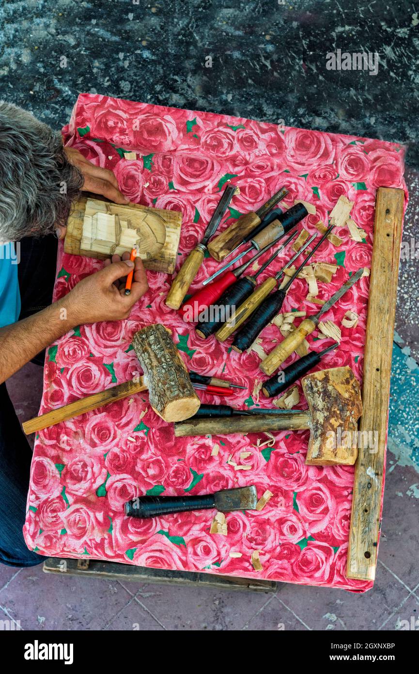 Wood carver at work, Berat, Albania Stock Photo Alamy