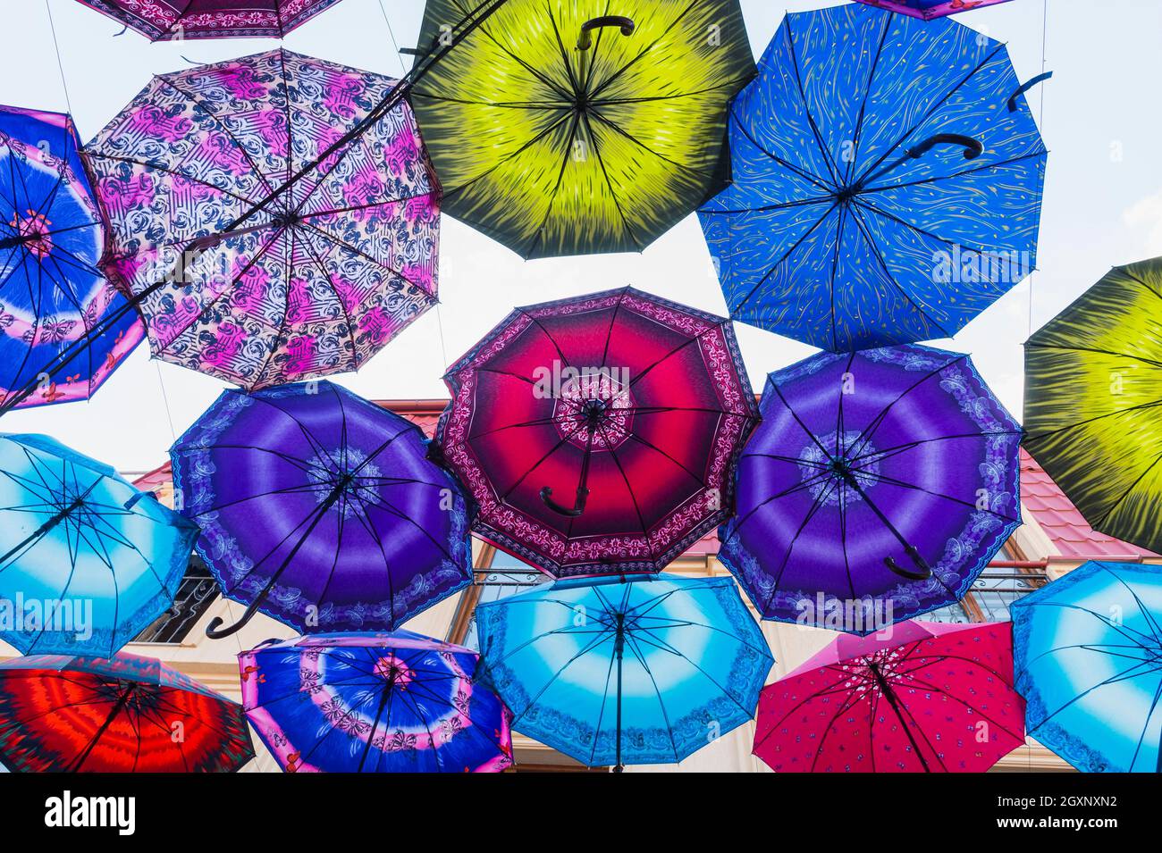 Colorful umbrellas hanging in the street, Skopje, Macedonia Stock Photo