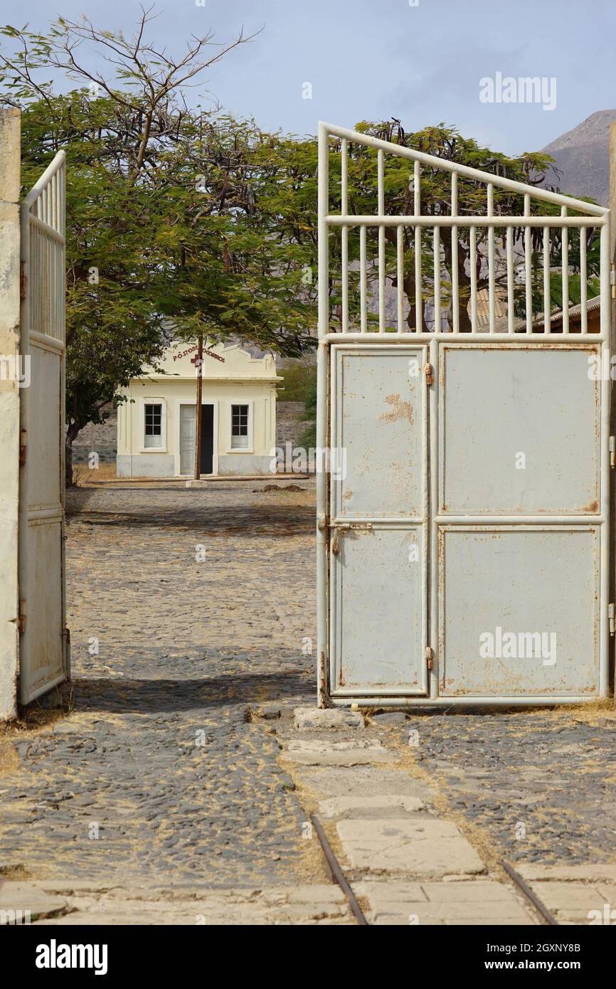 Entrance portal, infirmary, Tarrafal concentration camp, Santiago Island, Republic of Cape Verde Stock Photo
