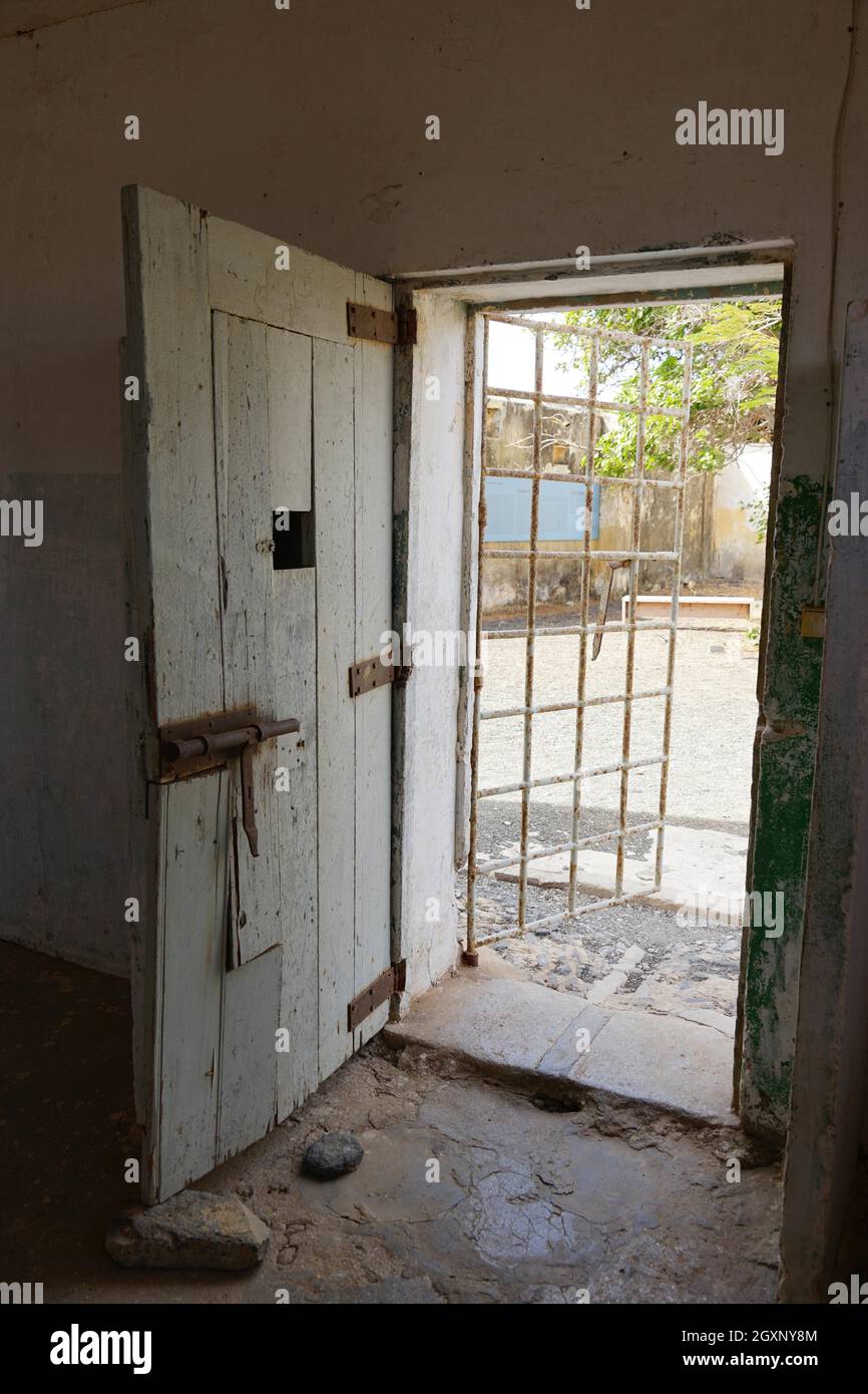 Door of a communal cell, Tarrafal concentration camp, Santiago Island, Republic of Cape Verde Stock Photo