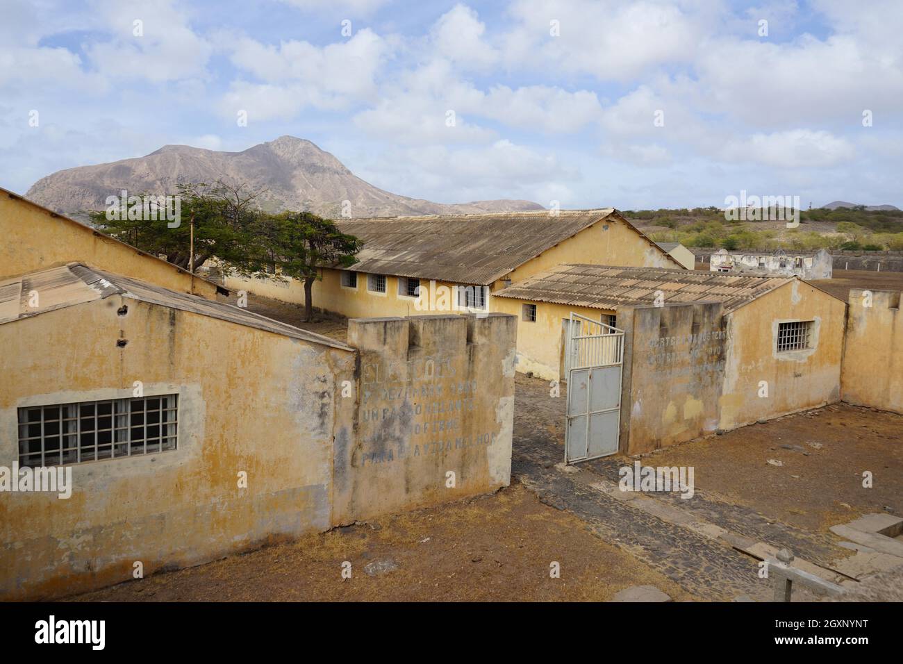 Prisoners' quarters, Tarrafal concentration camp, Monte Graciosa in the background, Santiago Island, Republic of Cape Verde Stock Photo