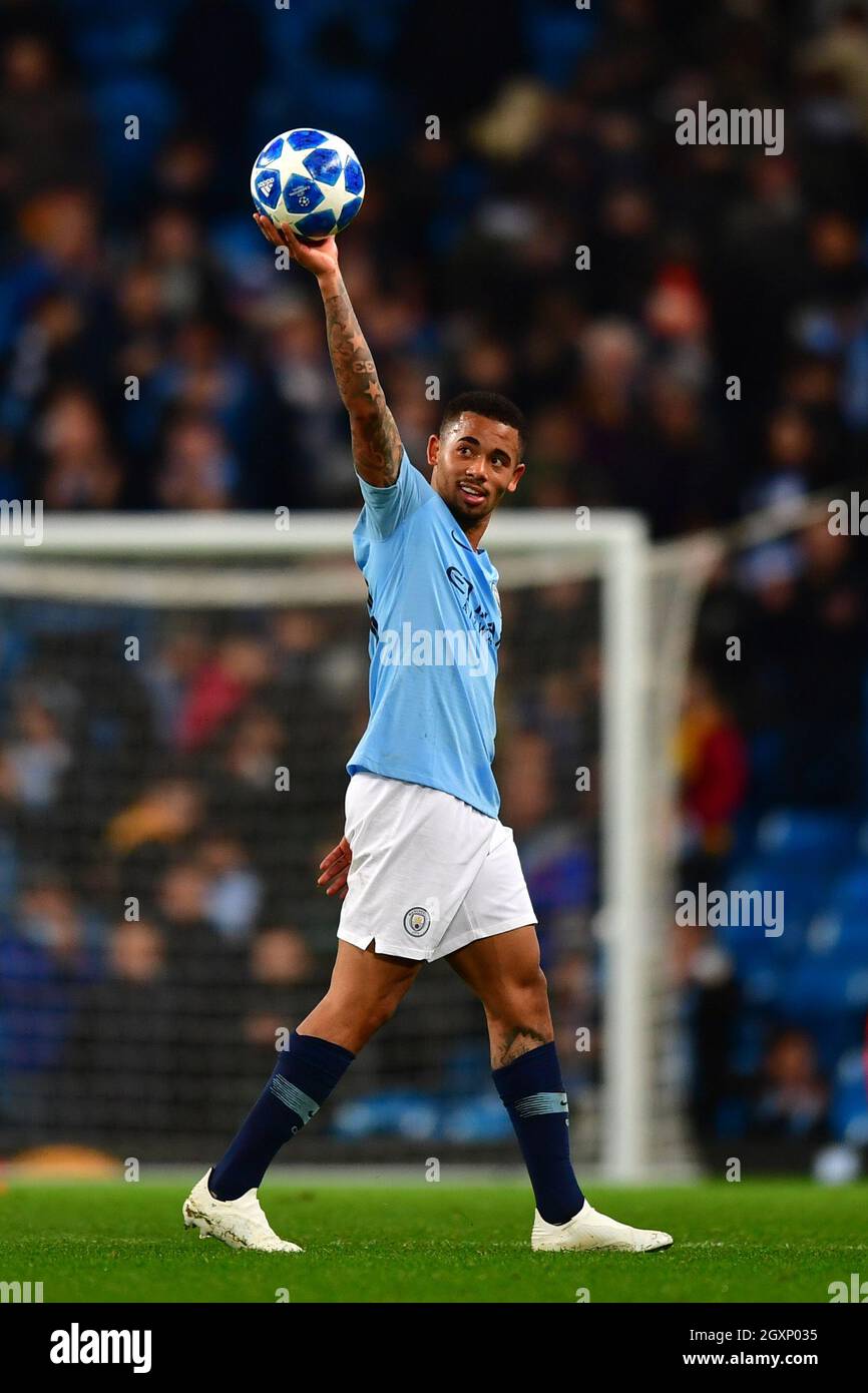 Manchester City's Gabriel Jesus takes home the match ball as he ...