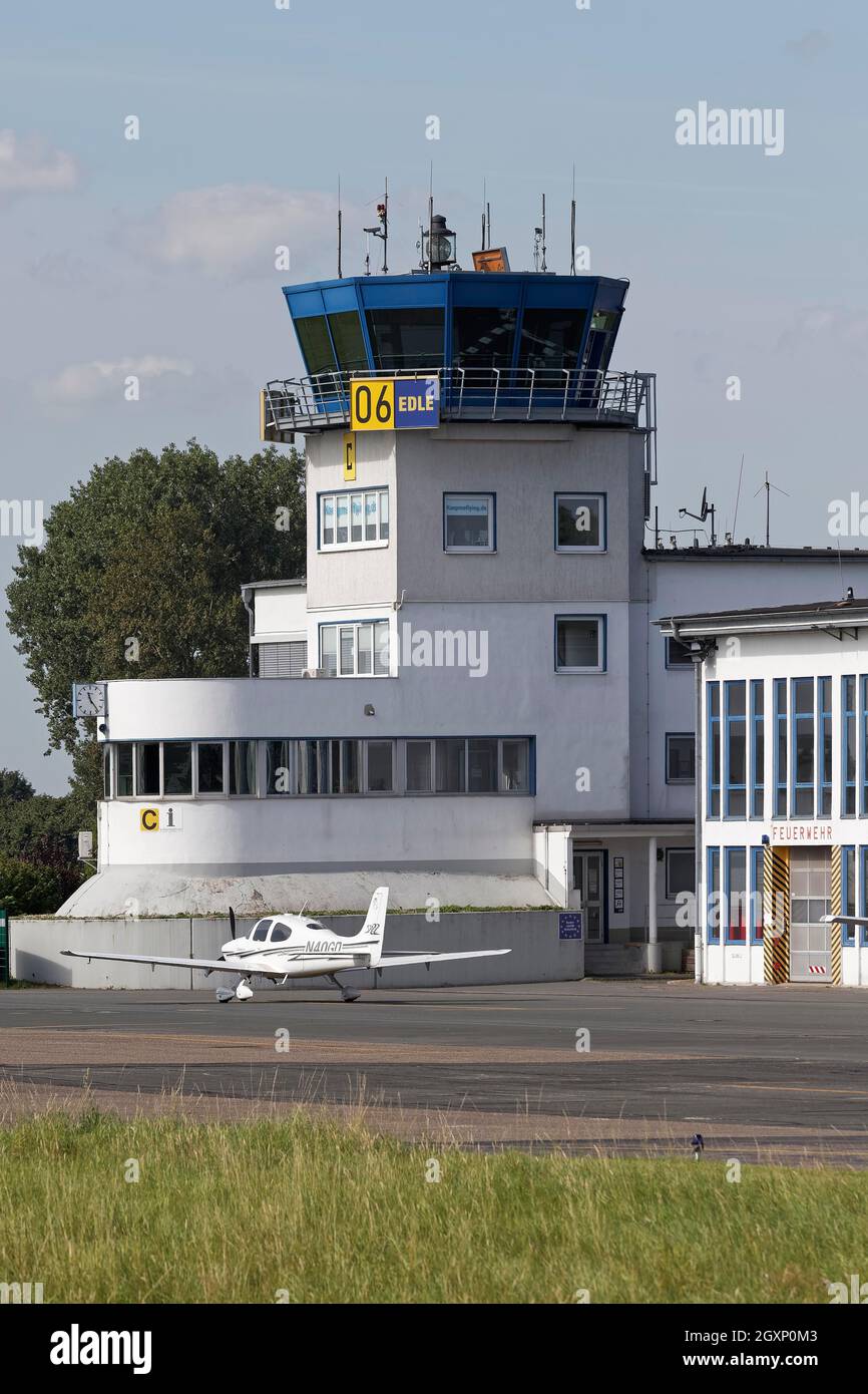Tower Essen-Muelheim Airport, commercial airport, Muelheim an der Ruhr, Ruhr Area, North Rhine-Westphalia, Germany Stock Photo